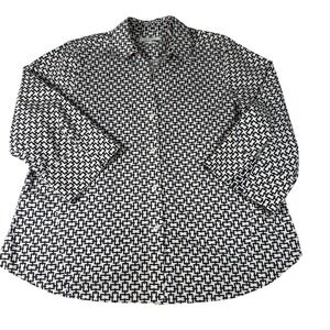 Foxcroft Button Up Shirt Women XXL Black White Cotton Geometric Easy Care Office